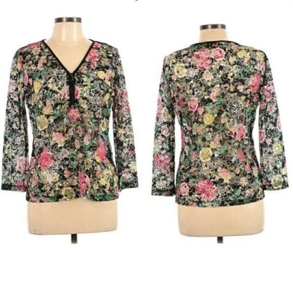 Julio Top Long Sleeve Pullover Net Mesh 3/4 Zip Pullover Lace Floral Print Sz 10 - Picture 1 of 13